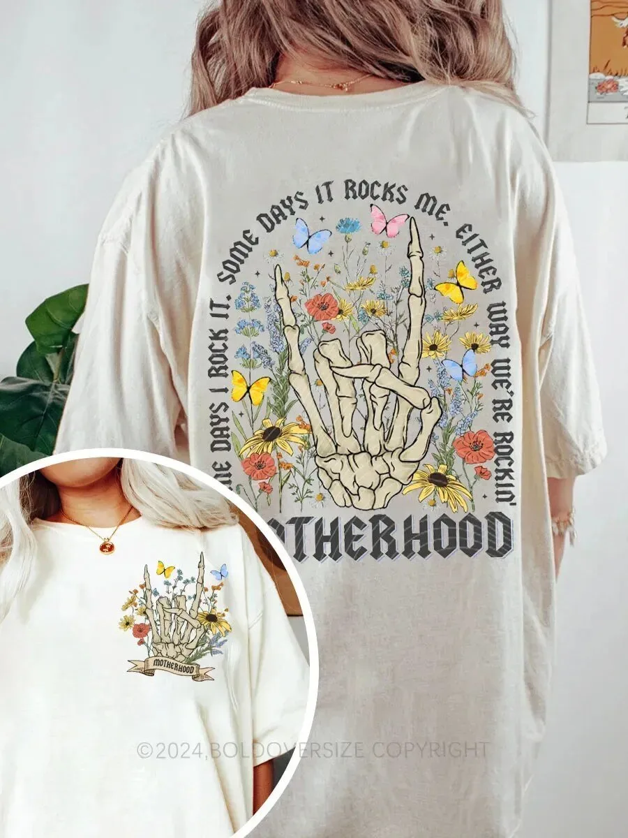 Motherhood Skeleton Hand Rock On Wildflower Butterflies T-Shirt