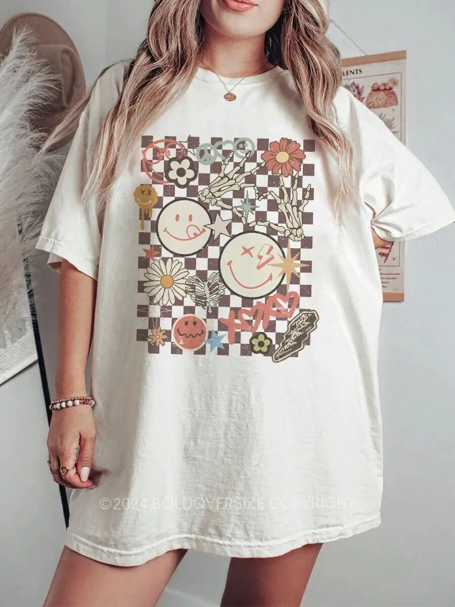 Vintage Checkered Smiley Face Skeleton Hand Floral Graphic T-Shirt